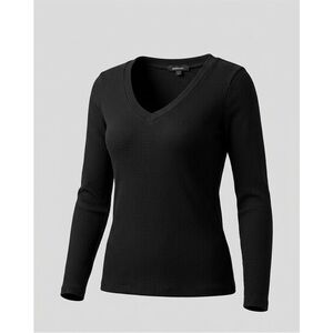 Ambiance Black V-Neck Waffle Knit Long Sleeve Top - Size L